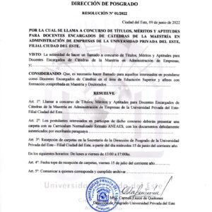 La Dirección de Posgrado de la Universidad Privada del Este, Filial Ciudad del Este convoca al llamado a Concurso de Títulos, Méritos y Aptitudes