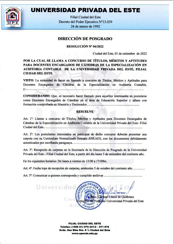 La Dirección de Posgrado de la Universidad Privada del Este, Filial Ciudad del Este convoca al llamado a Concurso de Títulos, Méritos y Aptitudes