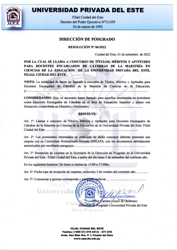 Universidad Privada del Este, Filial Ciudad del Este convoca al llamado a Concurso de Títulos, Méritos y Aptitudes