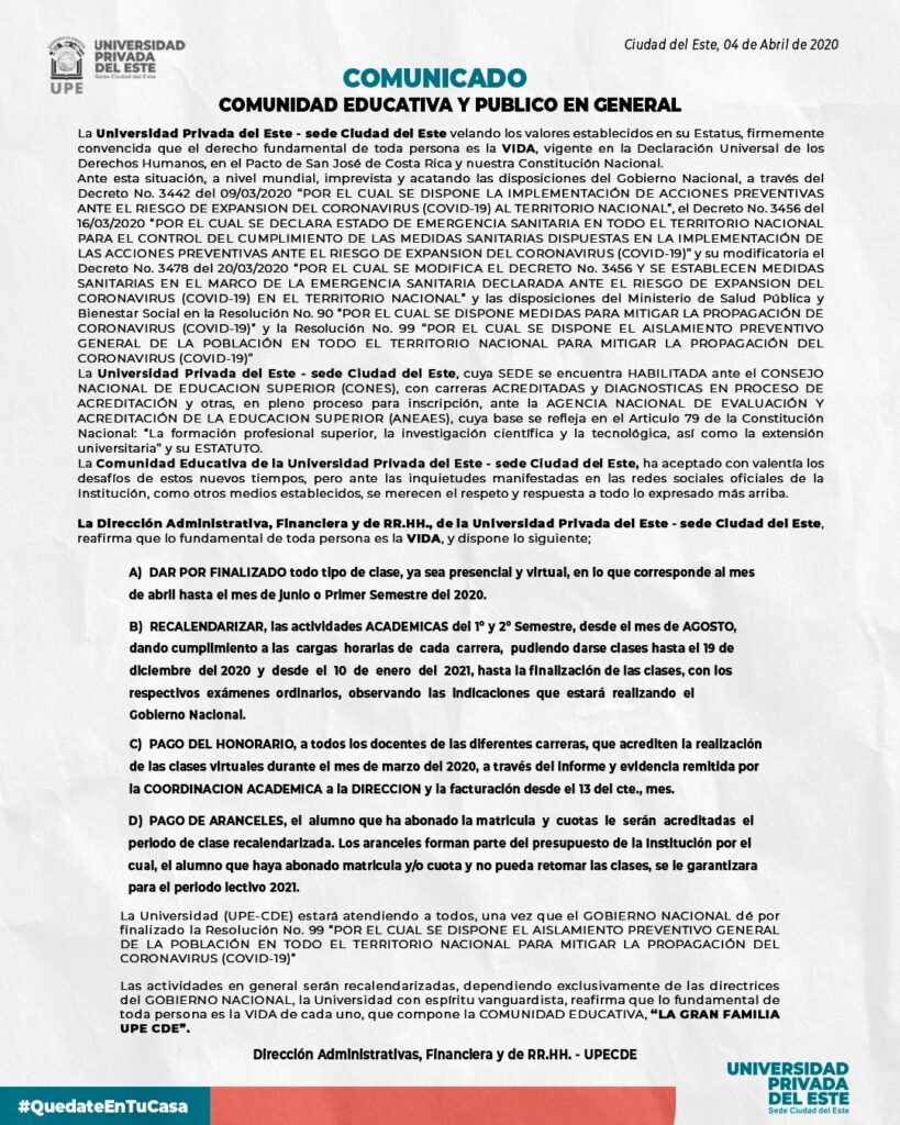 📣 Comunicado Institucional – Medidas académicas ante la emergencia sanitaria