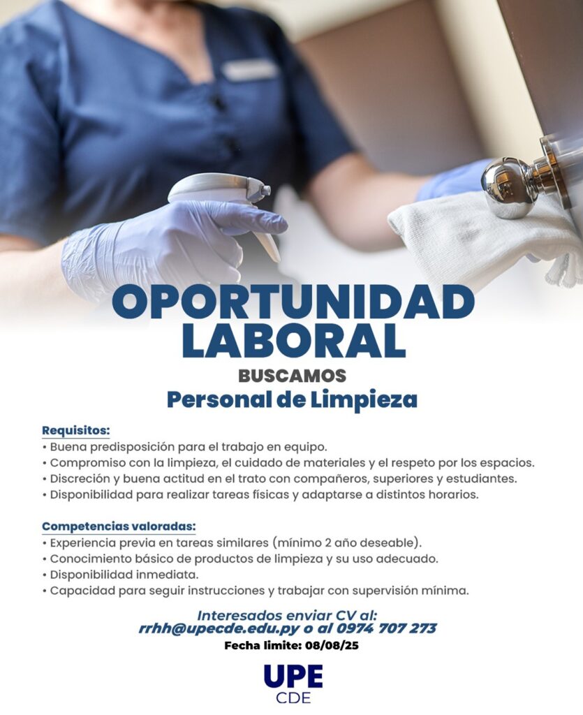 Convocatoria para personal de limpieza en la Universidad Privada del Este – Filial Ciudad del Este
